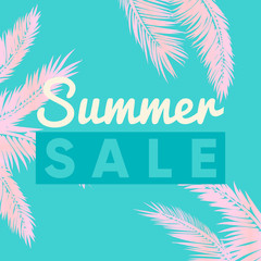 Fototapeta na wymiar Summer sale banner with pink palm tree leaves on a green background. Ready to use in social media, posters, flyers, wallpapers, packaging, textile, fabric and advertising.