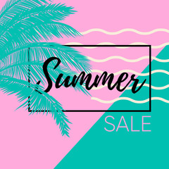Fototapeta na wymiar Summer sale banner with green palm tree leafs, on a pink and green background with waves. Ready to use in social media, posters, flyers, wallpapers, packaging, textile, fabric and advertising.