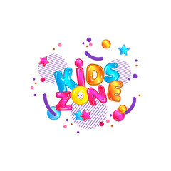 Logo for kids zone, lettering and text with glossy and fun shapes.