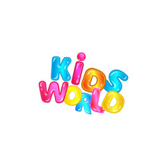 Kids world - fun colorful font typography with blue, pink, yellow cartoon letters with shiny texture