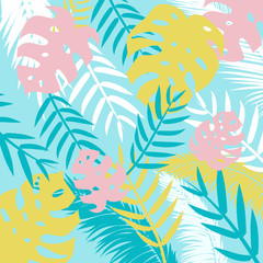 Fototapeta na wymiar Watercolor tropical leafs background pattern. Ready to use in social media, posters, flyers, wallpapers, packaging, textile, fabric and advertising.