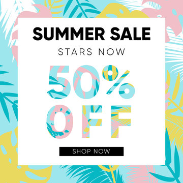 Summer sale banner with colorful tropical leaves background pattern and shop now button. Ready to use in social media, posters, flyers and advertising.