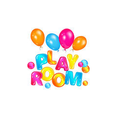 Play room - colorful text with shiny cartoon font floating in air by helium balloons
