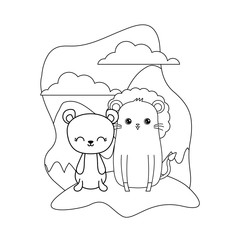 cute lion with bear animals in landscape