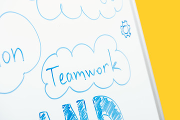 close up view of word teamwork written on white flipchart