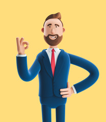 Cartoon character businessman Billy shows okay or OK gesture. 3d illustration on yellow background