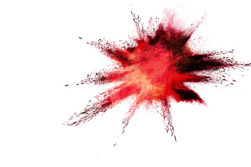 Red powder explosion on white background. Colored cloud. Colorful dust explode. Paint Holi.