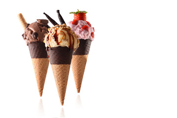Three ice cream cone different tastes with white background