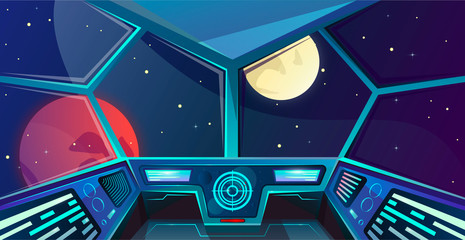 Spaceship futuristic command post. Interior of captains bridge in cartoon style. Vector illustration with radar, screen, hologram, moon, mars and stars. Space outside porthole. Cosmos vector