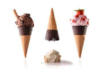 Three ice cream cone different tastes summer fun white