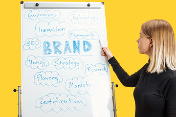 side view of businesswoman standing near white flipchart, pointing at words on flipchart