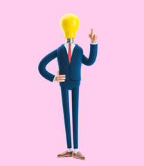 Businessman Billy with light bulb instead of head. Innovation and inspiration concept. 3d illustration on pink background