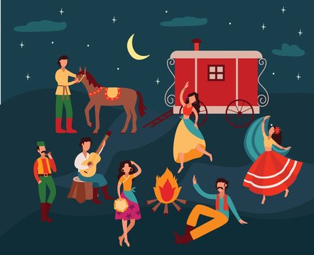 Gypsy People Dancing In The Night, Cartoon Men And Women In Traditional Clothes Playing Music