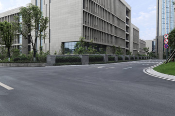 empty street in the city, and office building