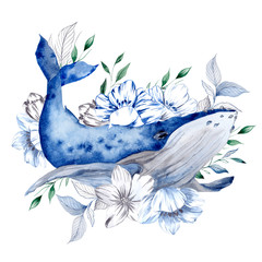 Collection of watercolor hand draw whale and flowers, isolated on white background © марина васильева