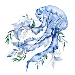 Collection of watercolor hand draw jellyfish and flowers, isolated on white background © марина васильева