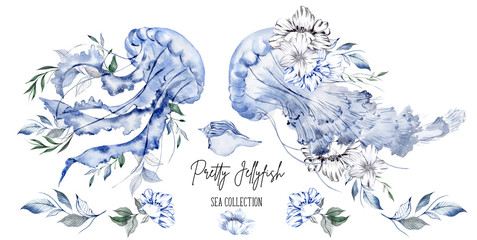 Collection of watercolor hand draw jellyfish and flowers, isolated on white background - obrazy, fototapety, plakaty