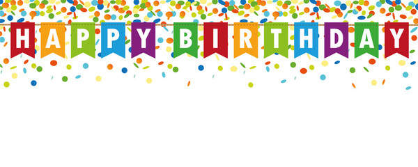 happy birthday party flags banner with confetti rain on white background vector illustration EPS10