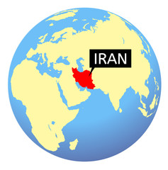 World map with highlighted Iran. Islamic Republic of Iran. Iran marked red and other countries yellow. Global Earth with Location of Iran. 