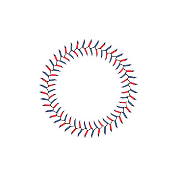 Baseball, softball and hardball seam stitch line in round shape, blue and red lace circle border isolated on white background