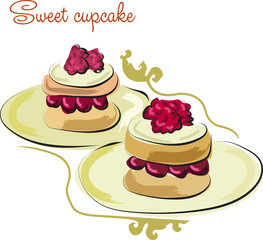 Cupcakes with sour cream and raspberries. Poster with illustration of homemade sweets