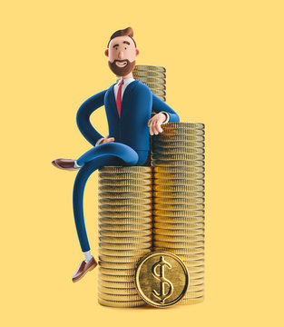 Portrait of a handsome cartoon character Billy with a stack of money. 3d illustration on yellow background