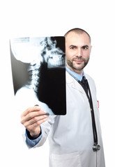 isolated on white caucasian doctor examining a head radiograph.