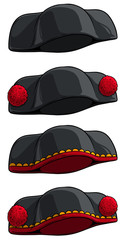 Cartoon black traditional spanish toreador or matador hat with red pompoms. Isolated on white background. Vector icon set. - obrazy, fototapety, plakaty