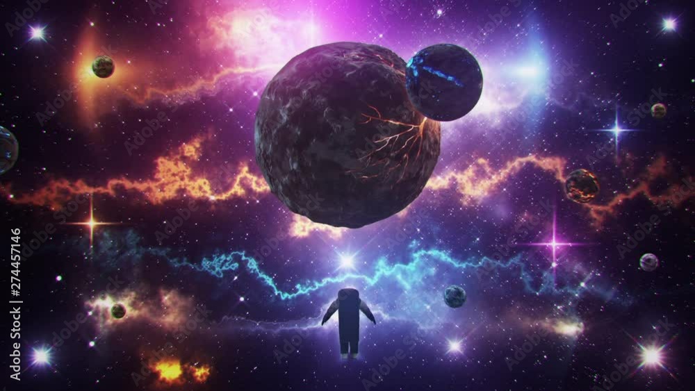 Wall mural sci-fi space planets with nebula & astronaut loop motion background