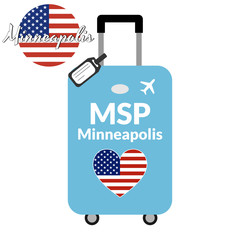 Luggage with airport station code IATA or location identifier and destination city name Minneapolis, MSP. Travel to the United States of America concept. Heart shaped flag of the USA on the baggage.
