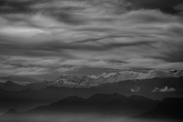 View of the foggy valley in Sierra Nevada de Santa Marta, Cordillera, Colombia  dramatic scene, beautiful world,scenic view with cloudy sky, majestic impressive dawn in mountain landscape, wallpaper
