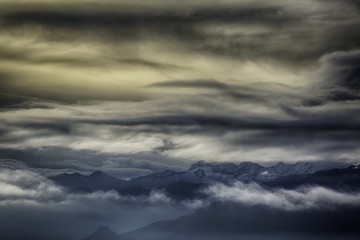 View of the foggy valley in Sierra Nevada de Santa Marta, Cordillera, Colombia  dramatic scene, beautiful world,scenic view with cloudy sky, majestic impressive dawn in mountain landscape, wallpaper