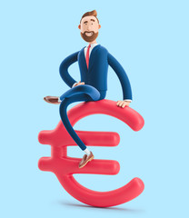 Businessman Billy with big euro sign on blue background. 3d illustration