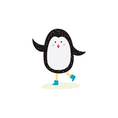 Cute cartoon penguin wearing blue boot waving in skating pose