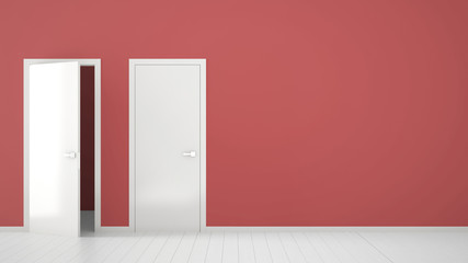 Empty red room interior design with open and closed doors with frame, door handles, wooden white floor. Choice, decision, selection, option concept idea with copy space