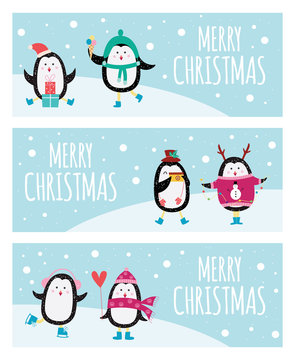 Cute cartoon penguin banner set - Merry Christmas greeting cards with cute animals