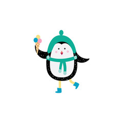 Cartoon penguin in warm winter clothes holding an ice cream and walking