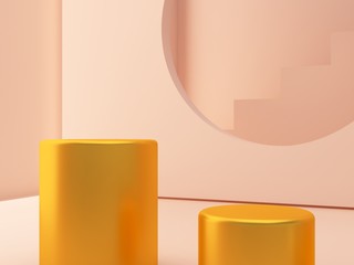 3d render. Minimal scene with podiums to show a product. Pastel colors scene with geometrical forms and golden cylinder podium. Gold platforms and stair in background. Elegant and trendy scene.