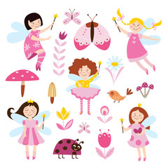 Set of fairies girls, flowers and beetles flat vector illustration isolated,