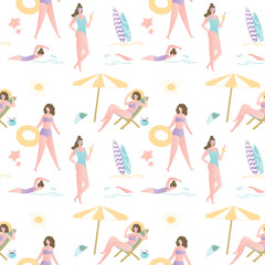 Summer vacation seamless pattern,Group girls on beach,funny active female characters,
