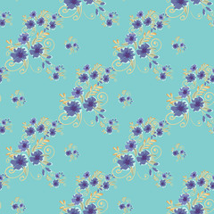 Fototapeta na wymiar Irregular small flowers on seamless pattern. Botanical surface texture design. Color vintage floral wallpaper.