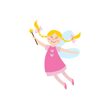Cheerful cute fairy girl or elf in a pink dress cartoon flat vector illustration.