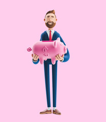 3d illustration. Portrait of a handsome businessman with piggy bank on pink background. Safe money storage concept.