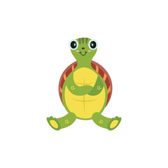 Cute cartoon turtle isolated on white background, childish animal character sitting with arms crossed