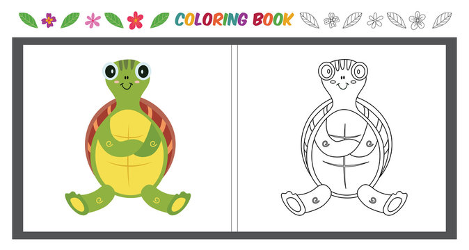 Children's color page with cute turtle and color example the vector illustration.