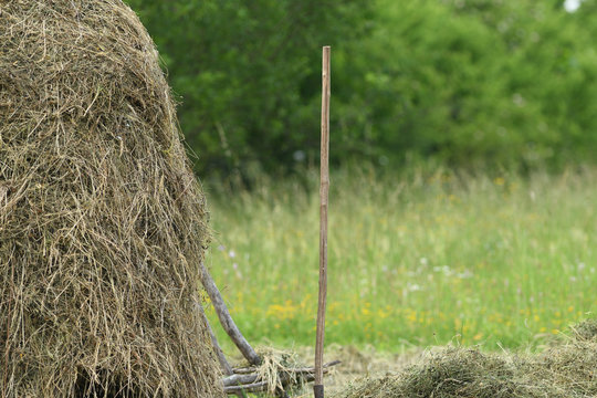 Fork and rake tradition hay stack in the village