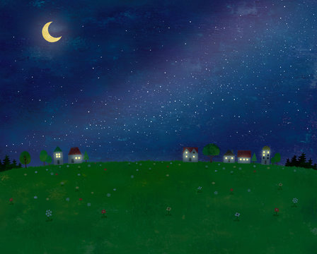 夜空と田舎町の景色油彩