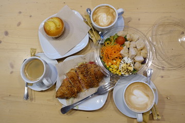 Breakfast with salad and bread and coffee