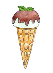 Ice cream cone with chocolate glaze and mint leaves topping isolated on white background. Hand drawn watercolor illustration for menu and card design.