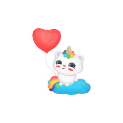A cute baby caticorn, cat and a unicorn with a heart shaped balloon are sitting on a cloud.